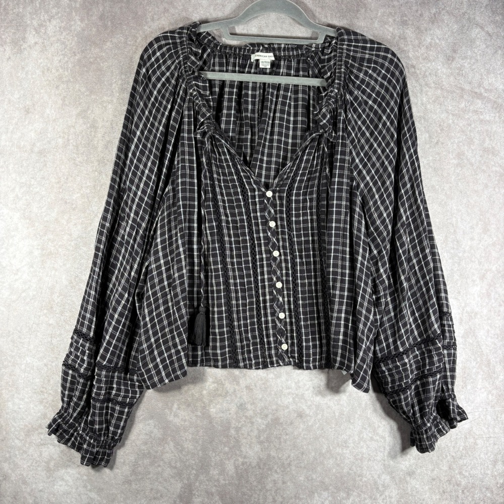 American Eagle Top Womens XXL Black Plaid Boho Peasant Tassel Crochet‎ Blouse